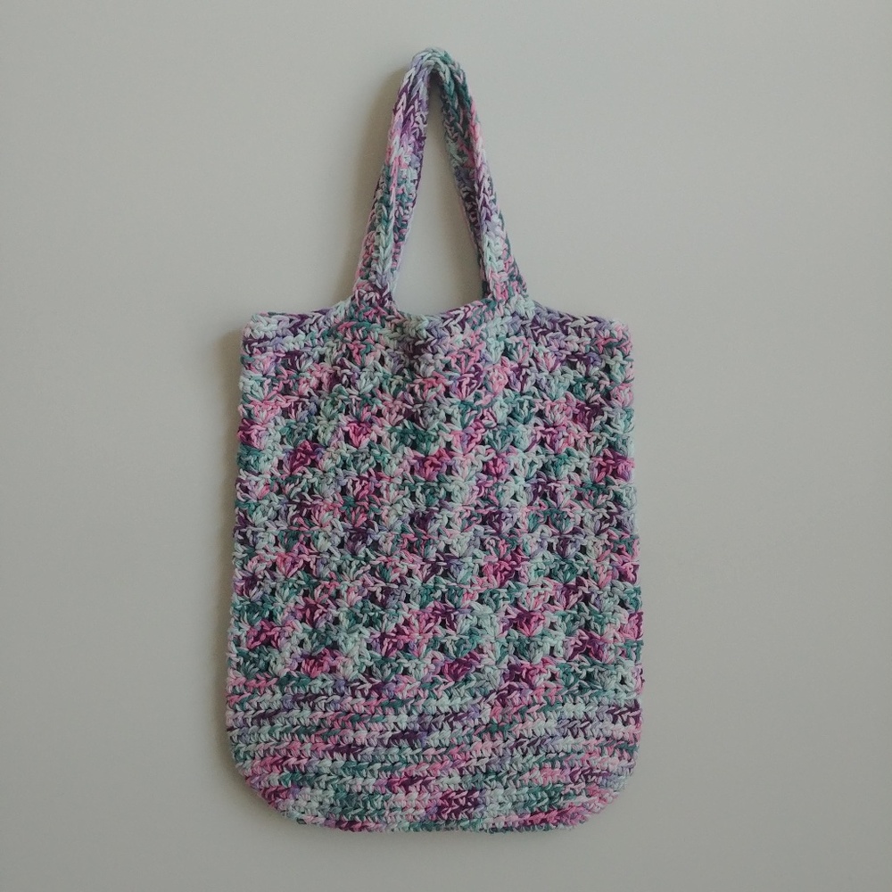 Handmade knit crochet look tote bag white pink and blue